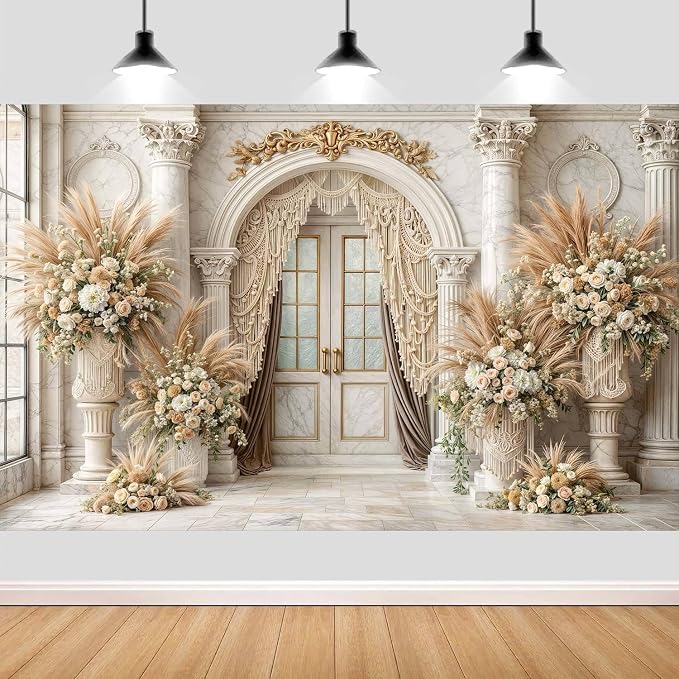 9X6ft European Retro Palace Backdrop Elegant Boho Flowers Photography Background Luxurious Dreamlike Wedding Bridal Shower Party Decoration Supplies Cake Table Photo Booth Studio Props by JAWO