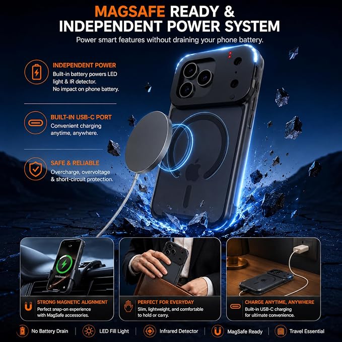 tesha Selfie Light Case for iPhone 17 Pro Max, MagSafe, Camera Detector | 2-Level LED Brightness, IR Hidden Camera Scanner, Drop Protection, Rechargeable Light Up Cover, No APP Needed for Video Vlog - Image 4