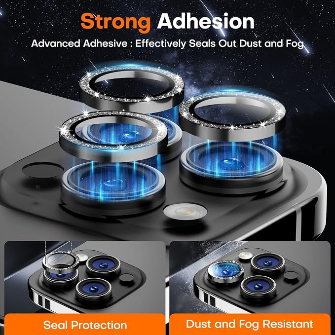 Camera Lens Protector for iPhone 15 Pro Max/15 Pro- Glitter Black | 9H Tempered Glass, Metal Individual Camera Cover, Accessories, Anti-drop, Case Friendly, HD Clear, Anti-Scratch - Image 2