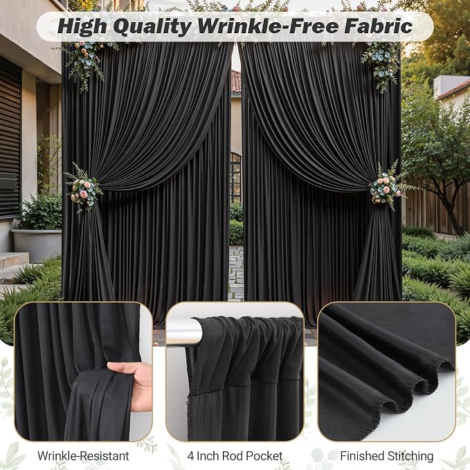 40ftx10ft Wrinkle Free Black Backdrop Curtain - 10 Feet Photography Backdrop Drapes, Silky Polyester Back Drop Cloth for Wedding Baby Shower Balloon Arch Background - Image 6