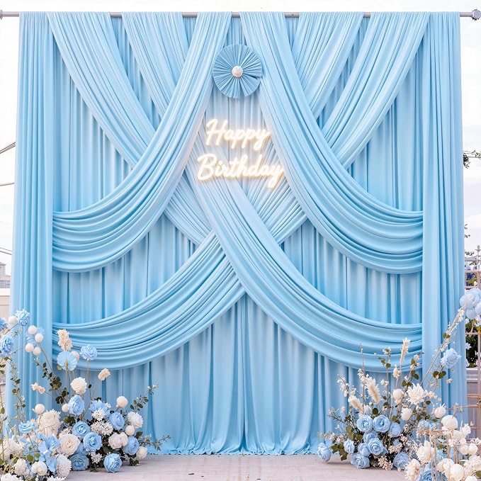 20 ft x 10 ft Wrinkle Free Baby Blue Backdrop Curtains for Parties, 4 Panels 5 ft x 10 ft Polyester Light Blue Photo Backdrop Curtain Drapes for Birthday Wedding Party Baby Shower Photography - Image 3
