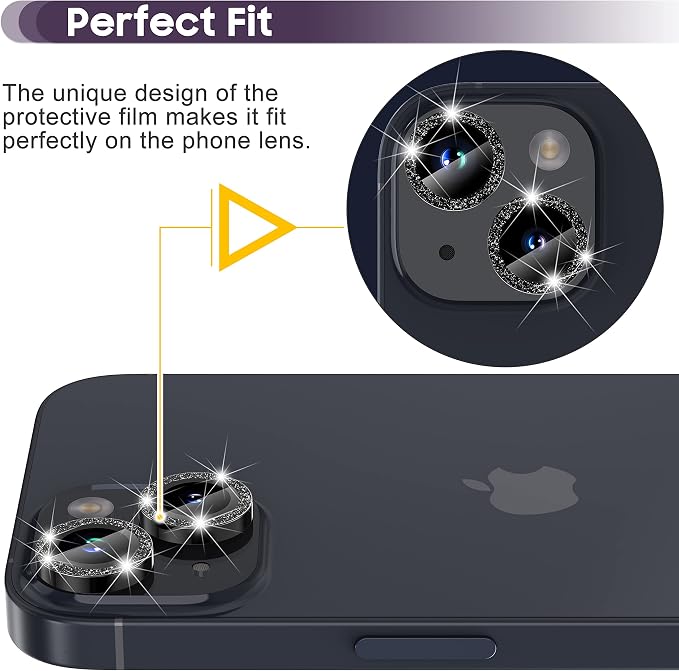 Suoman for iPhone 14 6.1 inch / 14 Plus 6.7 inch Camera Lens Protector, 9H Tempered Glass Film, Metal Frosted Independent Protective Cover [Glitter Diamonds] - Black - Image 3