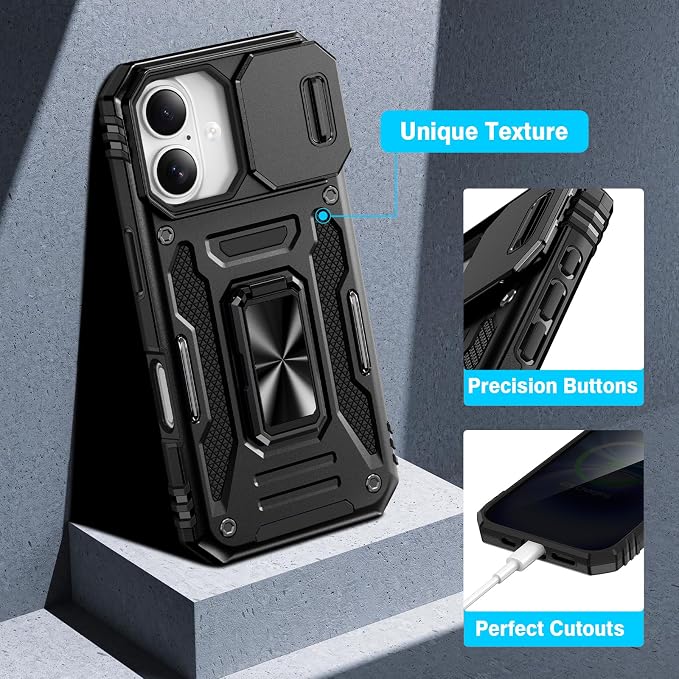 VEGO for iPhone 16 Case with with Privacy Screen Protector and Kickstand | Slide Camera Cover & Ring Kickstand Military Grade Heavy Duty Protection Cover for iPhone 16 5G 6.1 Inch - Black - Image 7