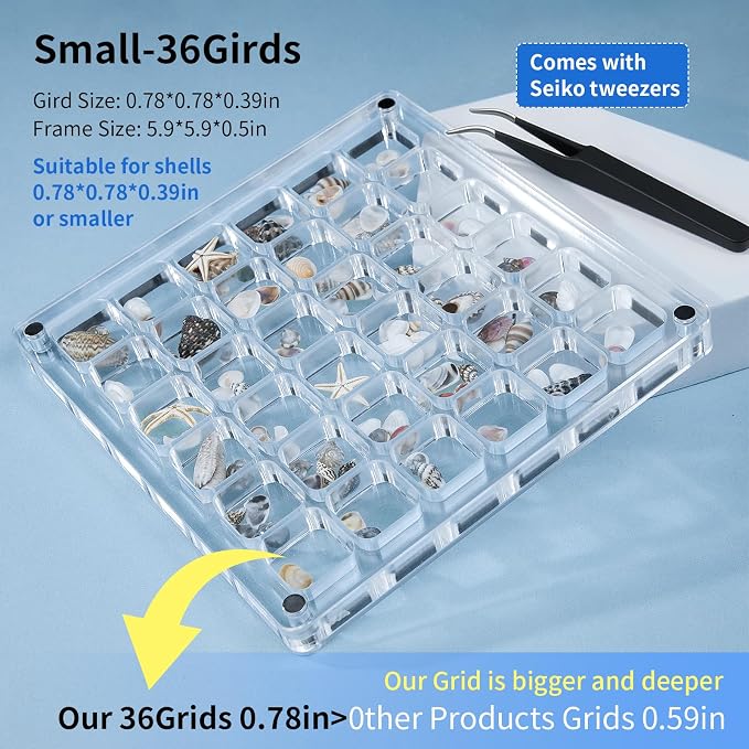 Acrylic Magnetic Seashell Display Case HD Panel with Tweezers | Small Upgraded Grids with Magnetic Snap, a Seashell Display Box for Collecting Shells, Jewelry, Crystals, Beads - Image 2