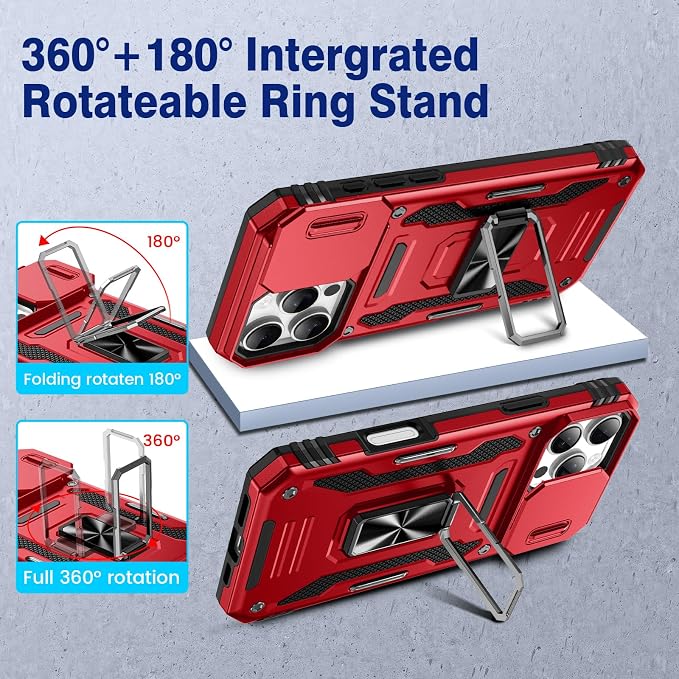 VEGO for iPhone 16 Pro Case with Camera Cover & Privacy Screen Protector | Tempered Glass Screen Protector & Ring Kickstand Military Grade Heavy Duty Protection Cover for iPhone 16 Pro - Red - Image 4