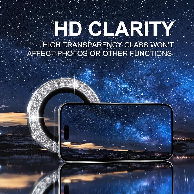 Choiche for iPhone 16 Pro/iPhone 16 Pro Max Camera Lens Protector | Ultra HD, Bling 9H Tempered Glass Camera Cover Screen Protector Metal Ring Decoration Accessories (Diamond-Silver) - Image 5