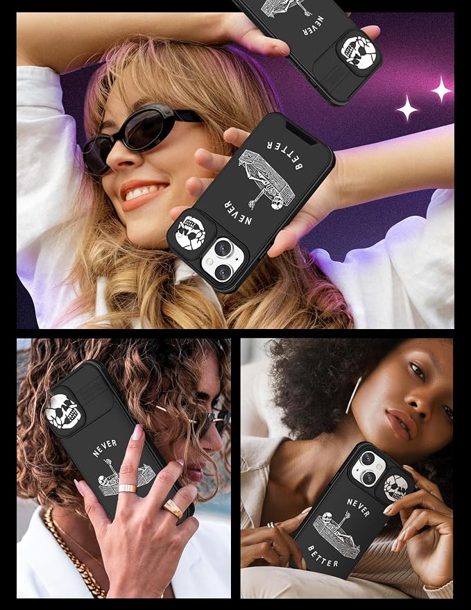 (2in1 for iPhone 15 Plus Case Skull Skeleton Women Boys Goth Cover Cute Fun Gothic Black Spooky Cool Design with Slide Camera Cover Protective Stand Holder for iPhone 15 Plus Phone Case 6.7'' - Image 6