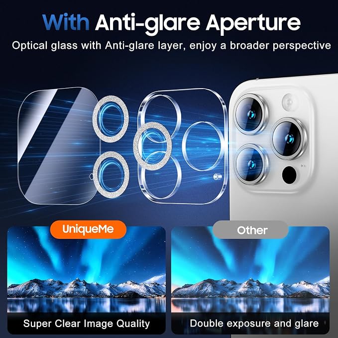 UniqueMe for iPhone 15 Pro/15 Pro Max Camera Lens Protector-Glitter Silver | 3 Pack, Drop Protection, Case Friendly, 9H Tempered Glass, Camera Cover Screen, Update New Version - Image 4