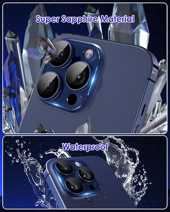 Compatible for iPhone 15 Pro/iPhone 15 Pro Max Camera Lens Protector, Clear Acrylic Plus Aluminium Alloy Ring 9H Tempered Glass Screen Camera Cover, Blue - Image 5