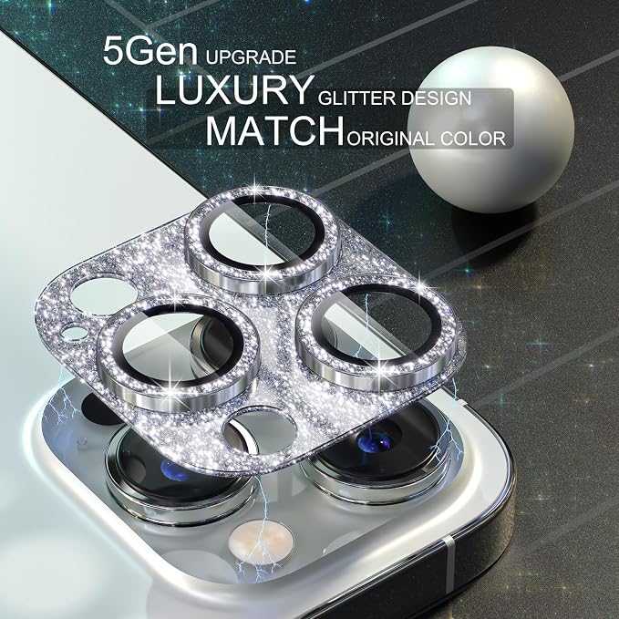 Choiche for iPhone 15 Pro/iPhone 15 Pro Max Camera Lens Protector | Bling Camera Cover with 9H Tempered Glass Lens Screen Protector Metal Ring Decoration Accessories (Glitter-Silver) - Image 3