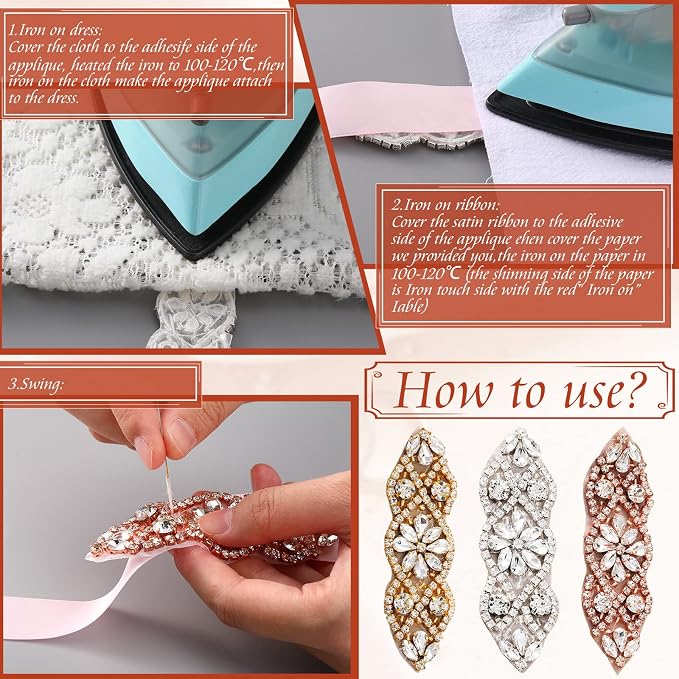 Jutom 4 Pieces Rhinestone Applique Rhinestone Iron on Patch Hot Fix Wedding Hair Appliques for Bridal Wedding Dress Clothes Sash Crystal Belt Sewing Shoes(Gold) - Image 3