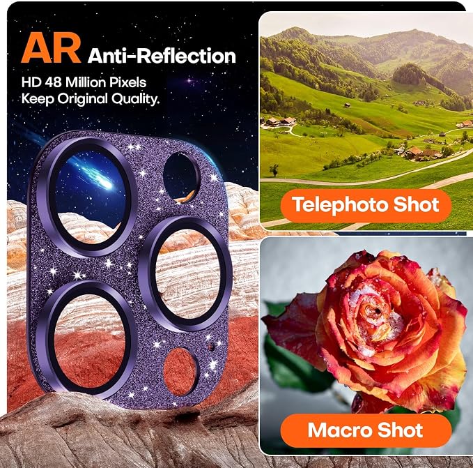 Camera Lens Protector for iPhone 16/15/14 Pro Max & 16/15/14 Pro | Glitter Purple, Aluminum Alloy, 9H+ Glass Camera Cover, Nano Reinforced Adhesive, Anti-Drop, Anti-Scratch, Case Friendly - Image 4