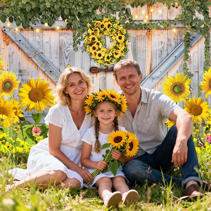 Sunflower Photo Backdrop for Photography, 8x6ft | Vinyl Wall Background for Photoshoot, Yellow Flower, Rustic Barn Wood Door, for Birthday Decorations, Outdoor Party - Image 3