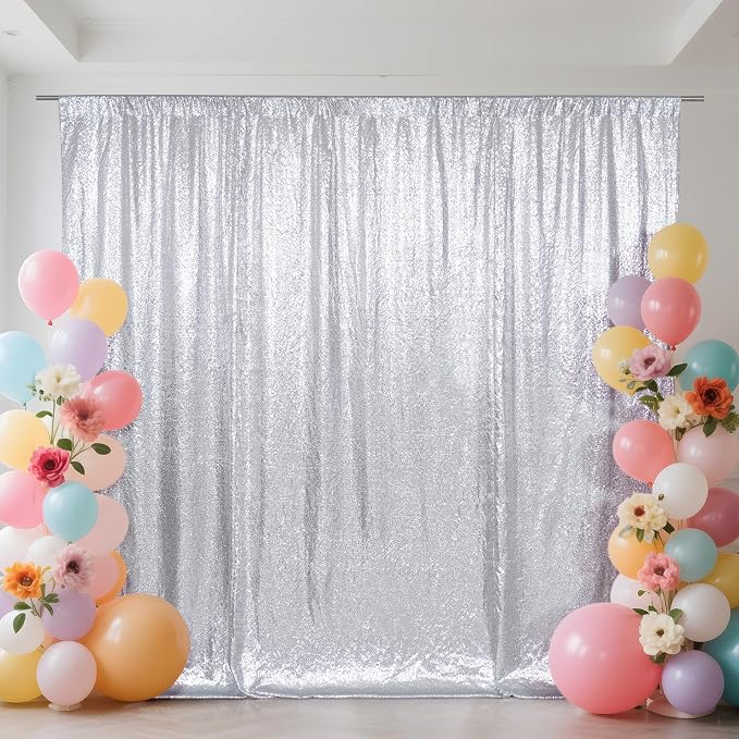 SquarePie 7x7ft Silver Sequin Backdrop, High Density Non-Transparent Glitter Curtain for Photography, Birthday, Wedding Party Decorations, Thick Solid Background with 4" Rod Pocket, 1 Panel by SquarePie