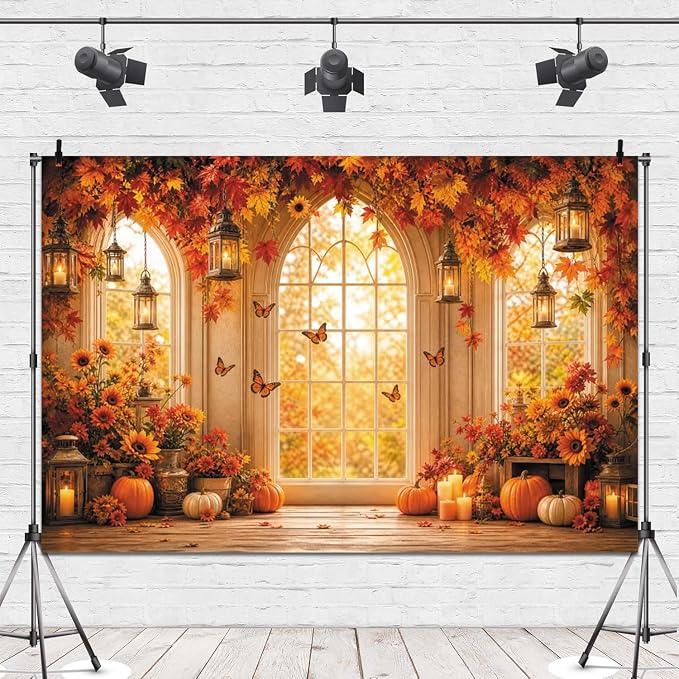 Fall Butterfly Floral Backdrop for Photography 8x6ft Autumn Window Pumpkin Maple Flowers Backdrop Thanksgiving Theme Background Birthday Party Decorations Photo Booth Props Vinyl - Image 4