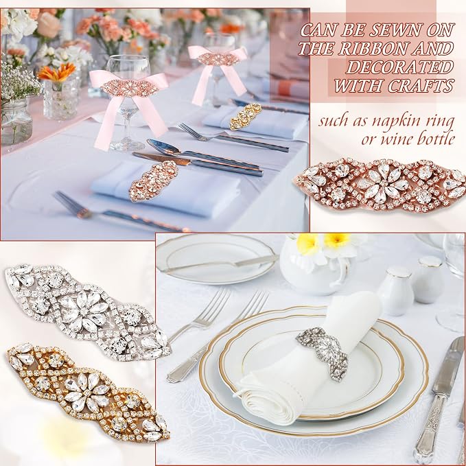 Jutom 4 Pieces Rhinestone Applique Rhinestone Iron on Patch Hot Fix Wedding Hair Appliques for Bridal Wedding Dress Clothes Sash Crystal Belt Sewing Shoes(Gold) - Image 7