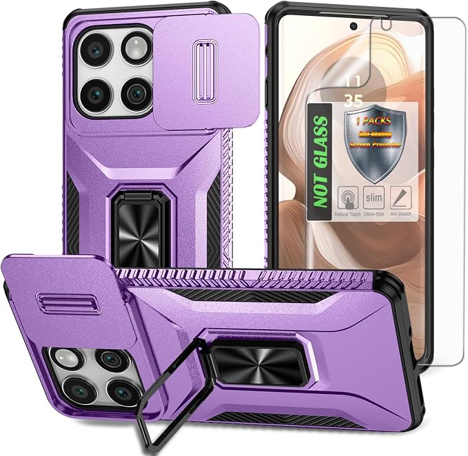for Moto Edge 2025 Case,with Sliding Camera Lens Cover,HD Screen Protector,360° Rotating Kickstand,AYMECL Military-Grade Shockproof Protective Cover for Motorola Moto Edge 2025,Purple by AYMECL