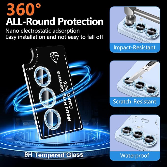 for Samsung Galaxy S26 Camera Lens Protector, Individual Metal Ring Tempered Glass Lens Cover, [Strong Adsorption] Scratch Resistant Ultra-Thin HD Clear Lens Cover, 1 Set-Blue Sparkly - Image 2