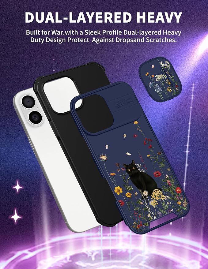 for iPhone 16 Case - Women Cute Phone Cover Girly Pretty Fancy Unique Aesthetic Design Slide Camera Cover Protective Case for Apple for iPhone 16,Black Cat - Image 5