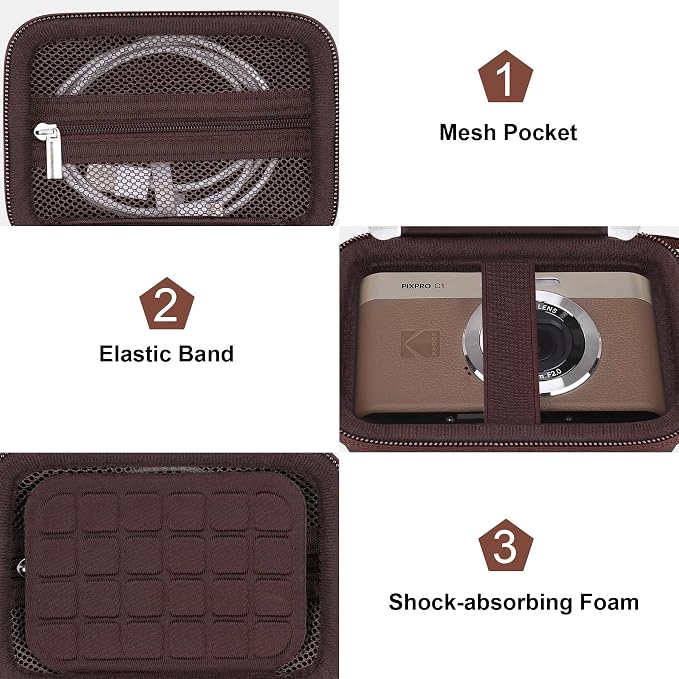 Canboc Carrying Case for KODAK PIXPRO C1 Friendly Zoom Digital Camera | For Canon PowerShot ELPH 360 HS A/ 360 HS/ 360/ IXY 650 Digital Camera, Mesh Pocket fit Cable, SD Card, Brown (Case Only) - Image 6