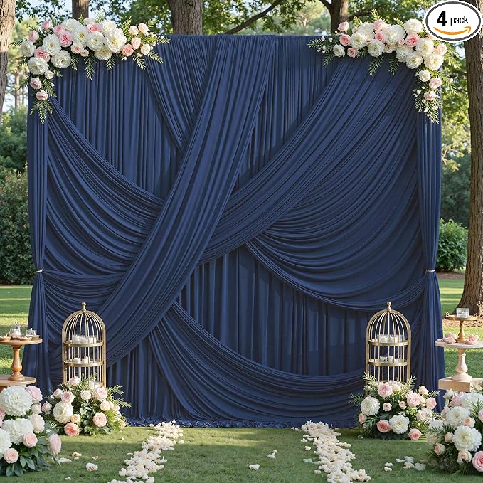 20x12 ft Navy Blue Backdrop Curtains for Weddings, Birthdays and Photos | 4 Panels 5x12 ft, Wrinkle-Free Polyester Drapes, Washable, Ironable, 4 in Rod Pocket for Baby Showers Photography Background by PartyVillage