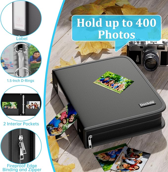 DocSafe Photo Album 4x6 400 Pockets,Fireproof Photo Book with 100 Plastic Sleeves,Large Capacity Binder Protect Family Wedding Anniversary Baby Vacation Pictures,Zipper Closure,2-Inch O-Rings,Black - Image 5