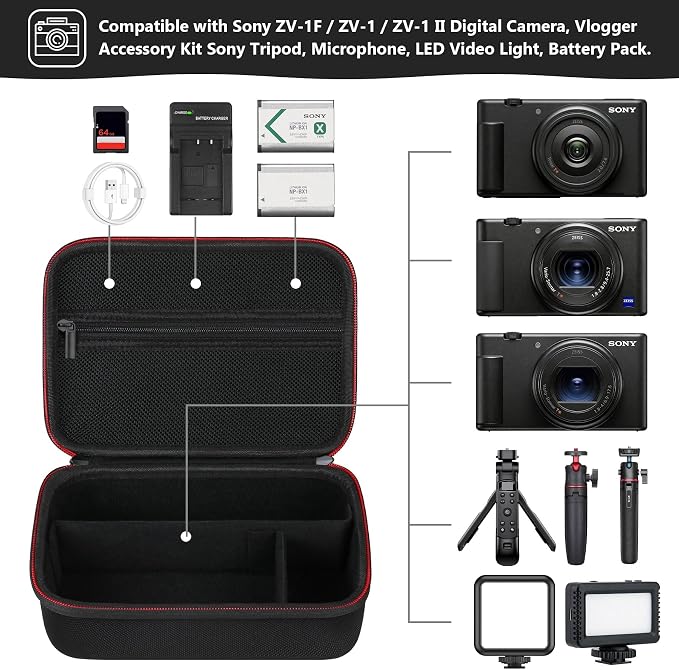 Hard Travel Case for Sony ZV-1F / ZV-1 / ZV-1 II Digital Camera, Protective Cases Bag Fits Vlogger Accessory Kit Tripod, Microphone, LED Video Light, Extra Zipper Pocket fit Battery Pack, Black - Image 2
