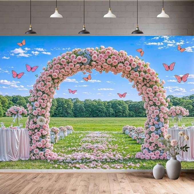 7X5ft Pink Lavender Wedding Backdrop Bridal Shower Rose Flower Photography Background Romantic Floral Garland for Girl Woman Wedding Bridal Party Backdrops Wall Photo Studio Shoot - Image 4