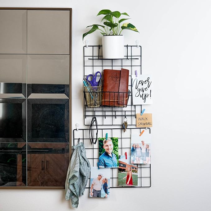 ODOXIA 2 Pack Wire Wall Grid Panel With Accessories | Includes Hanging Basket, Shelf & Hook Rack | Photo Grid Wall Panels | Hanging Home, Office & Kitchen Décor | Metal & Black - Image 2