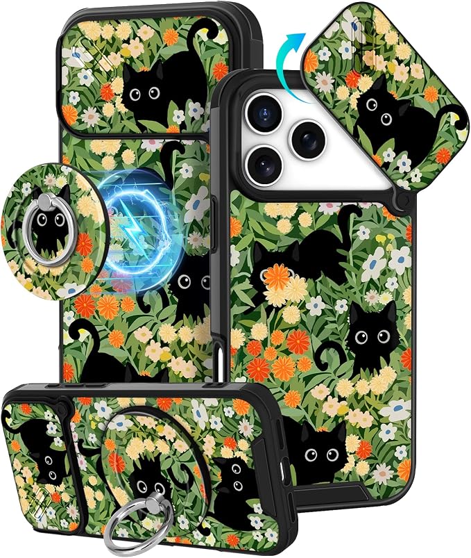 Buleens for iPhone 17 Pro Case 6.3 Inch - with Ring Stand & Camera Cover Aesthetic Cute Designed for Women Girls Pretty Girly Cat Flowers Phone Case for iPhone 17 Pro Compatible with Magsafe by Buleens