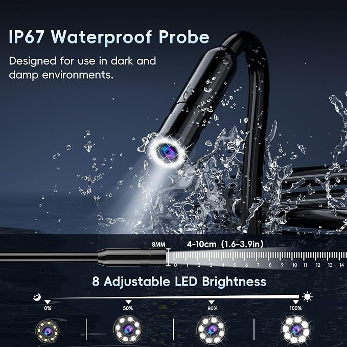 32.8FT Endoscope Camera with Light-1080P HD Borescope Inspection Camera | IP67 Waterproof Sewer Tools with 8 Adjustable LEDs,Snake Cameras with 4.3" IPS Screen for Plumbing & Automotive Engines - Image 4
