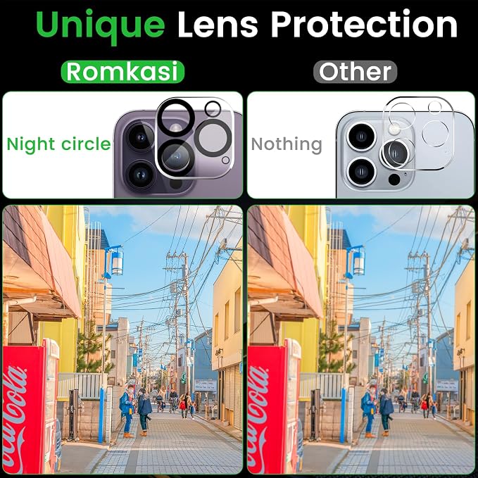 Romkasi 3 Pack Privacy Screen Protector for iPhone 14 Pro Max 6.7 Inch with 3 Pack Camera Lens Protector, Anti Spy Tempered Glass Film, Anti-Scratch, Touch Sensitive, Case Friendly - Image 6