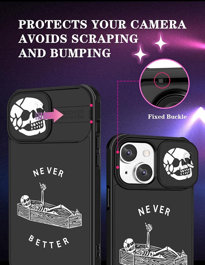 (2in1 for iPhone 12 Case Skull Skeleton Women Cute Gothic Phone Cover Ghost Horror Design with Slide Camera Cover Protective Cool Never Better Spooky Boys Teens Black Cases for iPhone12 6.1'' - Image 3