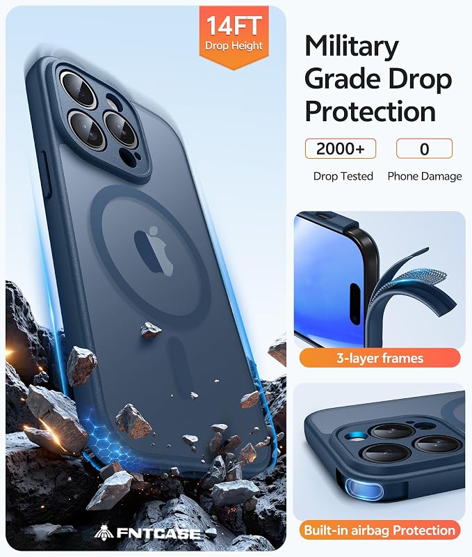 FNTCASE for iPhone 14 Pro Case, Compatible with Magsafe, Screen Protector | Full Camera Protection, Translucent Matte, 14FT Military Grade Drop Proof, Shockproof Protective Phone Cover, Blue - Image 5