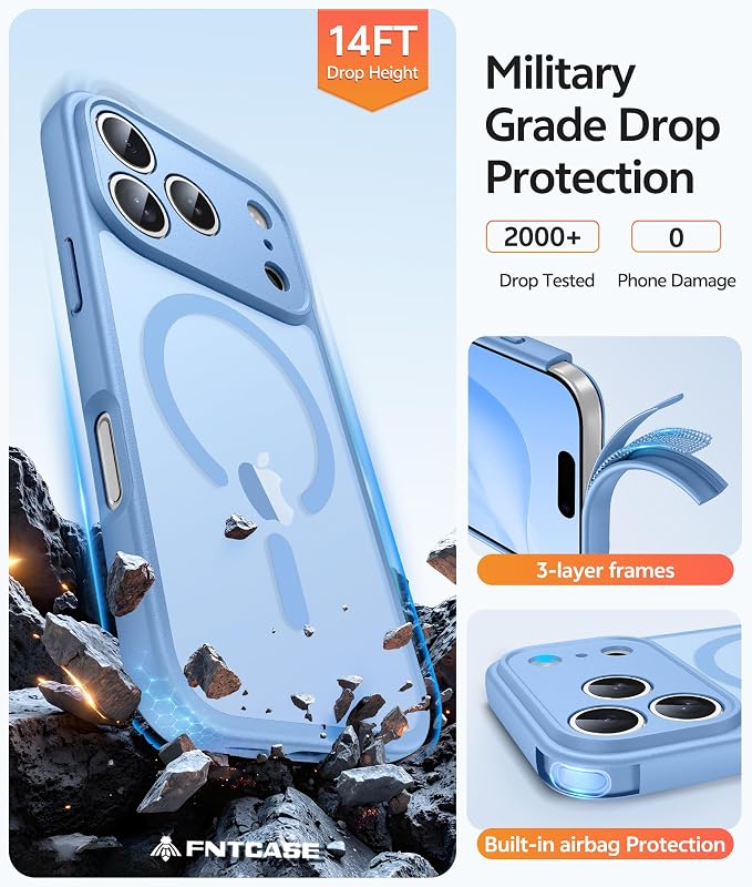 FNTCASE for iPhone 17 Pro Case, Fit for Magsafe, Screen Protector | Full Camera Protection, Translucent Matte, 14FT Military Grade Drop Proof, Shockproof Protective Phone Cover, Light Blue - Image 5