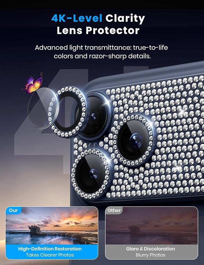 Hoerrye for iPhone 17 Pro Max Camera Lens Protector - Bling Diamond | Military Grade Protection, Keep Lens Original Design, 9H Tempered Glass Camera Cover Screen Protector - Image 7
