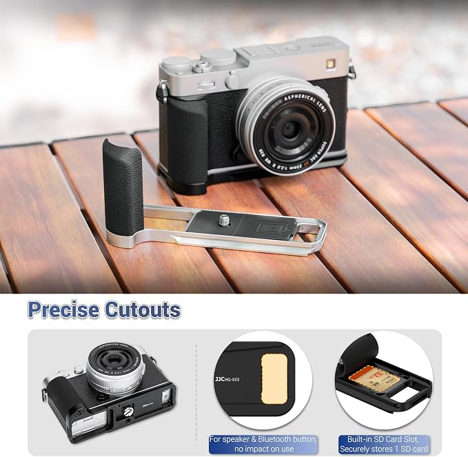 JJC Metal Hand Grip L-Bracket & Shutter Button for Fuji X-E5 Camera, Silver | Silicone Handgrip Cover, Anti-Slip Pads with SD Card Holder, Arca Swiss Quick Release Plate & 1/4"-20 Tripod Hole - Image 5