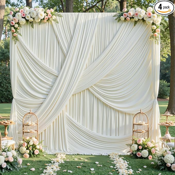 20x12 ft Ivory Backdrop Curtains for Weddings Parties, Birthdays and Photos | 4 Panels 5x12 ft, Wrinkle-Free Polyester Drapes, Washable, Ironable, 4 in Rod Pocket for Baby Showers Photography Background by PartyVillage