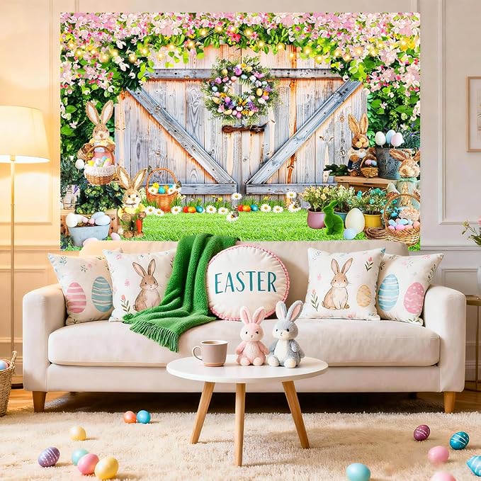 Easter Photo Backdrop for Photography, 7x5ft | Spring Wall Background for Photoshoot, Green Grass, Bunny Eggs, Rustic Barn Door, for Outdoor, Family Party Decorations - Image 6