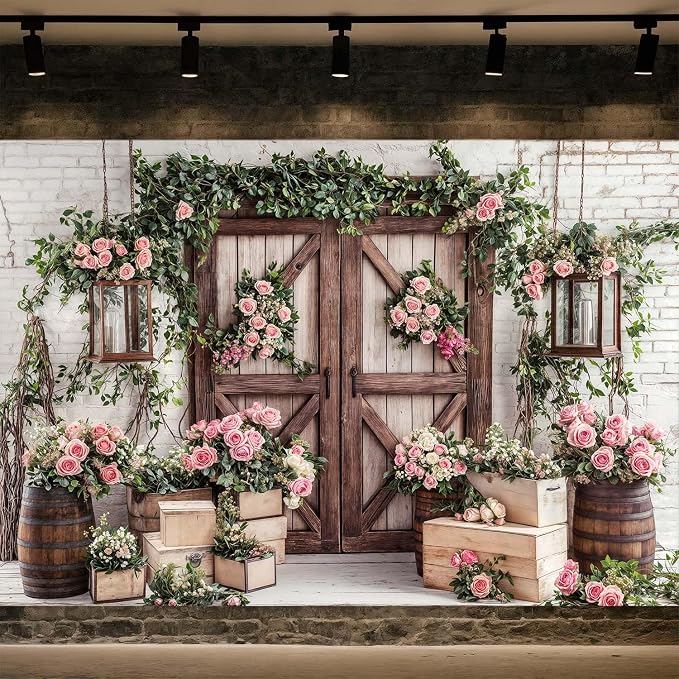 6x4ft Country Wedding Photography Backdrop Floral Rustic Roses Farmhouse Wooden Door Backdrop Pink Flower Birthday Baby Shower Wedding Bridal Party Banner Photo Booth Props Anniversary Background - Image 2