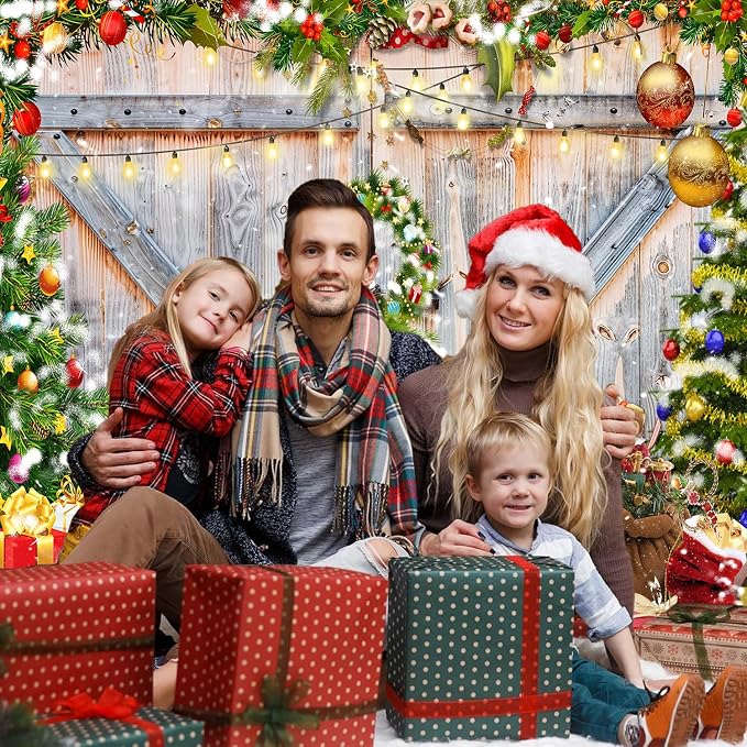 Christmas Photo Backdrop for Photography, 8x6ft | Vinyl Merry Xmas Wall Background for Photoshoot, Red Gift Snow Tree, Rustic Barn Wood Door, for Outdoor, Party Decorations - Image 3