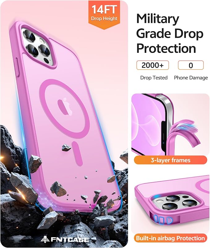 FNTCASE for iPhone 12 Pro Max Case, Fit for Magsafe, Translucent Matte Back | Strong Magnetic Charging, Shock Absorbent, 14FT Military Grade Drop-proof, Anti Slip, Pink - Image 5
