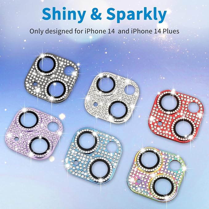 for iPhone 14 & iPhone 114 Plus Camera Lens Protector, Bling 3D Rhinestone Sparkle Diamond 9H Tempered Glass Camera Cover Anti Scratch Shockproof Metal Lens Screen Full Protective Cover, Silver - Image 6