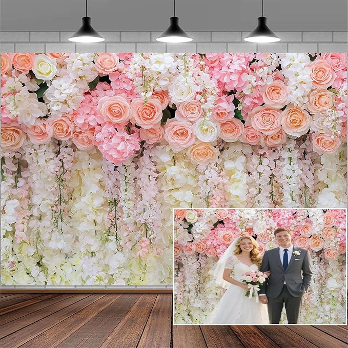 7x5ft Pink Rose Flower Wedding Photography Backdrop Spring Floral Photography Backdrop Valentine's Day Mother's Day Girl Birthday Baby Shower Wedding Bridal Party Banner Photo Booth Props Background by Mtsxfy