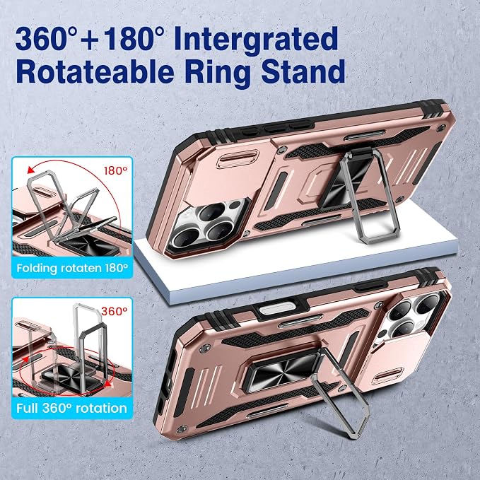 VEGO for iPhone 16 Pro Max Case with Privacy Screen Protector Rose Gold | Slide Camera Cover & Ring Kickstand Military Grade Heavy Duty Protection Cover for iPhone 16 ProMax - Rose Gold - Image 4