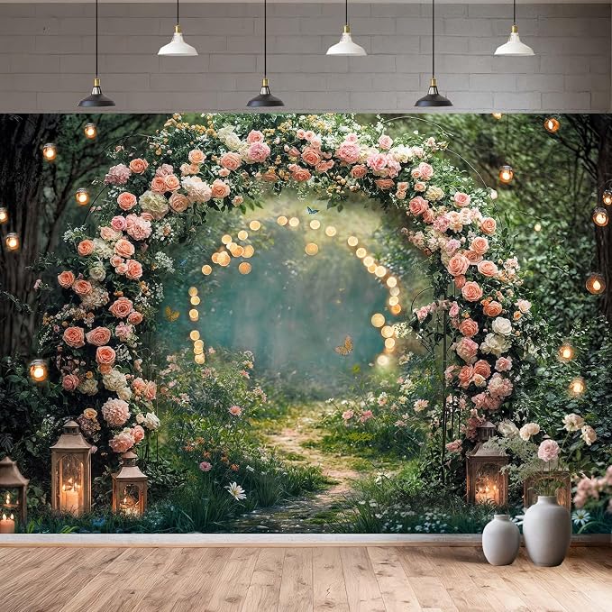 9x6ft Enchanted Forest Wedding Photography Backdrop Wonderland Roses Fairy Tale Backdrop Pink Flower Birthday Newborn Baby Shower Wedding Bridal Party Banner Photo Booth Props Anniversary Background - Image 7