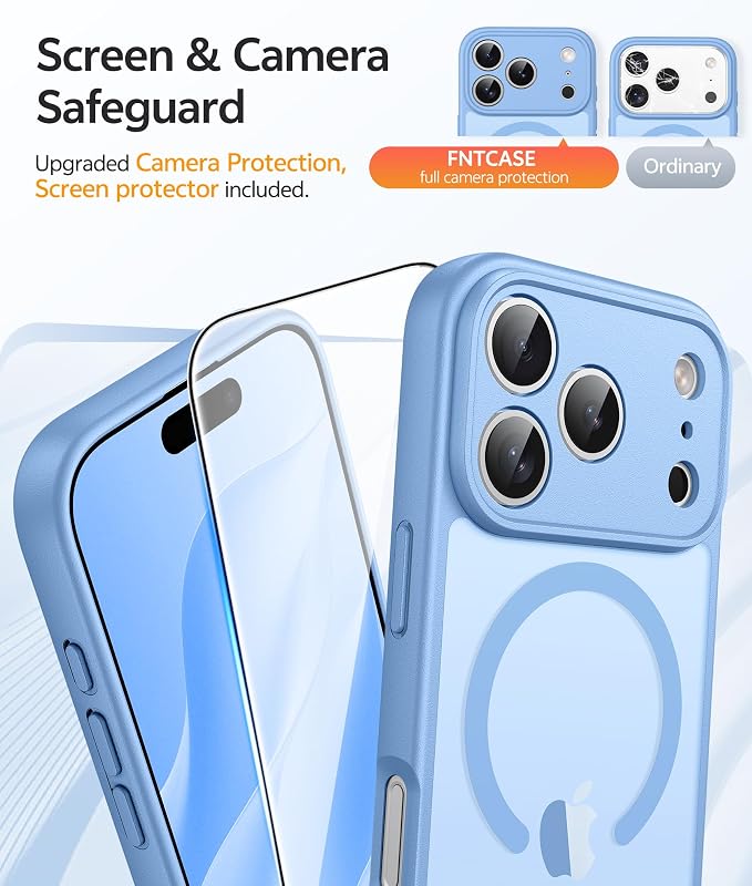 FNTCASE for iPhone 17 Pro Case, Fit for Magsafe, Screen Protector | Full Camera Protection, Translucent Matte, 14FT Military Grade Drop Proof, Shockproof Protective Phone Cover, Light Blue - Image 4