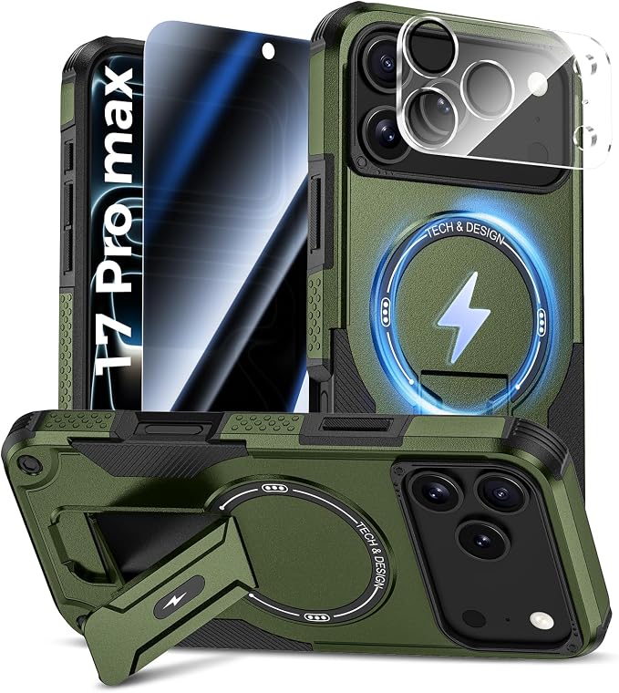 Goton 3 in 1 for iPhone 17 Pro Max Case with Privacy Screen Protector Green | Glass Camera Lens Protector,Compatible for MagSafe,Invisible Kickstand, Shockproof Phone Cover for iPhone 17 Promax by Goton