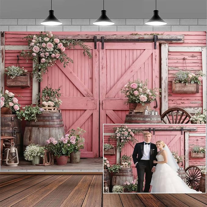 15x10ft Country Wedding Pink Photography Backdrop Rustic Wooden Door Photography Backdrop Farmhouse Flower Western Girl Birthday Baby Shower Wedding Bridal Party Banner Photo Booth Props Background by Mtsxfy