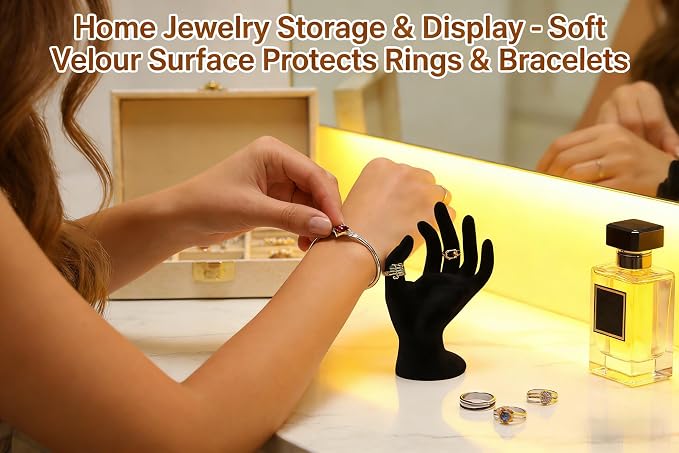Jewelry Display Stand, 7-Inch Hand-Shaped Velour Holder for Rings | Velour-coated plastic, 7" x 4.5" x 3.5", hand-shaped, for rings, bracelets, photo props, displays, retail, home decor - Image 6